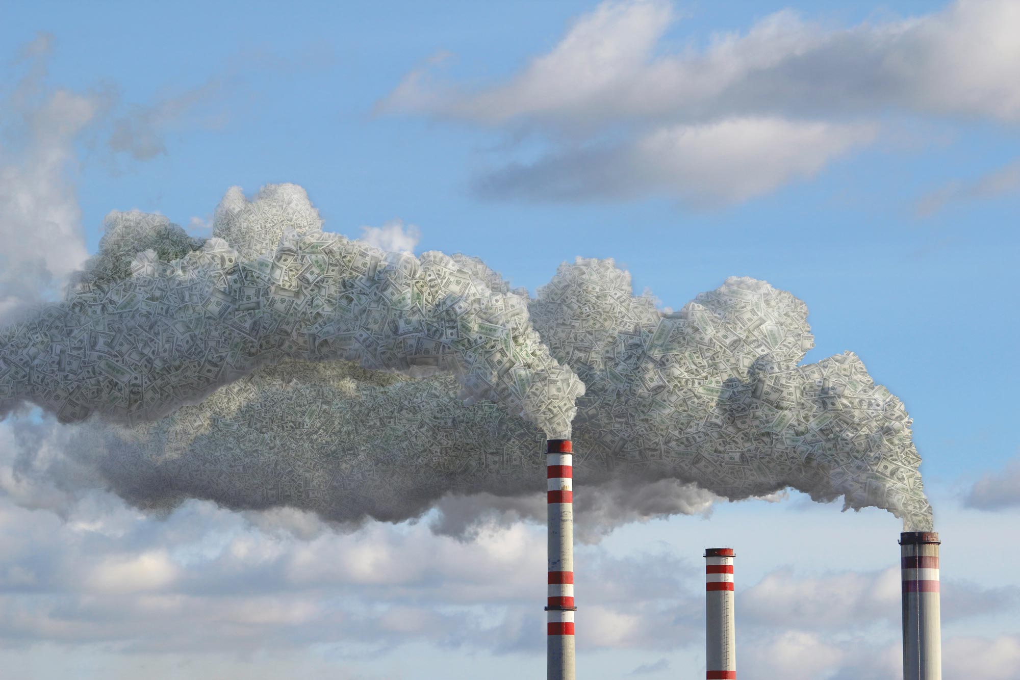 A power plant smokestacks on blue sky, producing large clouds of money (ghosts of various USD denominations), representing money paid to the plant via customer power bills, converted to consumable fuel and burned, to produce a fleeting moment of electricity in a neverending cycle of futility. The money is blowing away with the wind.